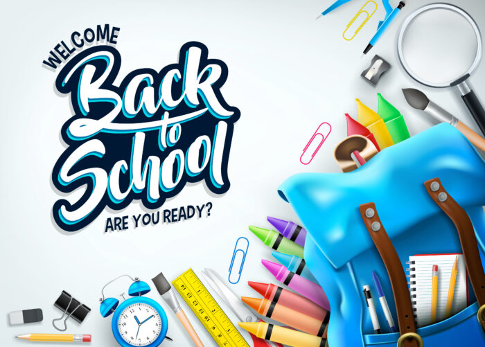 Welcome Back to School Are You Ready? text Banner with Blue Backpack and School Supplies Like Notebook, Pen, Pencil, Colors, Ruler, Magnifying Glass, Eraser, Paper Clip, Sharpener, Alarm Clock and Paint Brush